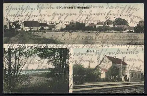 AK Wünsdorf, Kirche mit Ortsansicht, Bahnhof und See