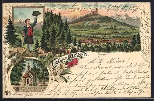 Lithographie Bussen, Kapelle, Sicht auf Zugspitze und Möhringen