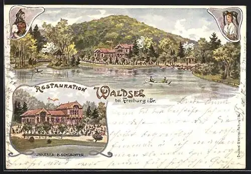 Lithographie Freiburg / Breisgau, Restaurant Waldsee von E. Schlachter