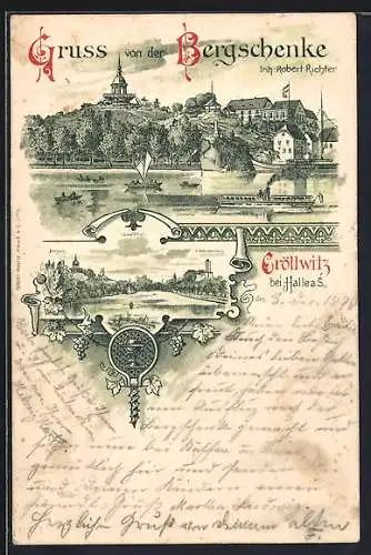 Lithographie Cröllwitz b. Halle / Saale, Gasthaus Bergschenke von R. Richter, Flusspartie mit Schiffen