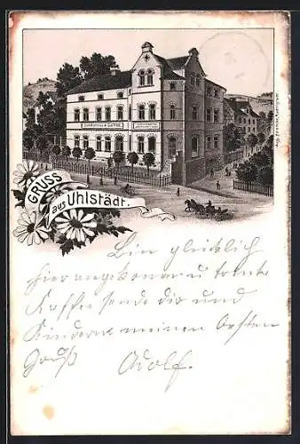 Lithographie Uhlstädt, Conditorei und Café von der Strasse aus gesehen