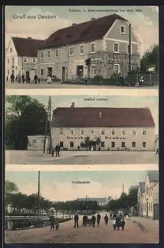 AK Deuben / Bennewitz, Gasthof Deuben, Kolonial- und Eisenwarenhandlung von O. Bille