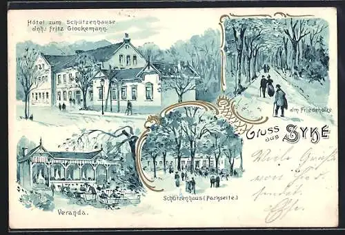 Lithographie Syke, Hotel zum Schützenhause v. F. Glockemann, Veranda, Im Friedeholze