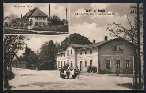 AK Burk / Bautzen, Gasthof Burk, Schule zu Burk