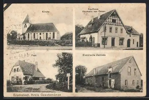 AK Bramstedt / Kr. Geestemünde, Kirche, Kaufhaus v. Hermann von Oesen, Elektrische Zentrale