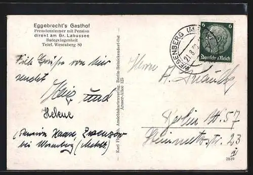 AK Zwenzow, Ortsansicht, Gasthof von F. Eggebrecht, Bootsanlegesteg