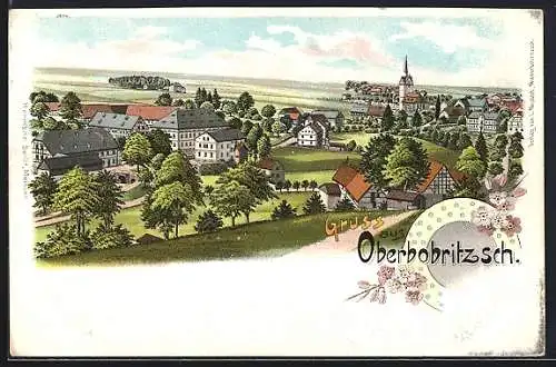 Lithographie Oberbobritzsch, Totalansicht mit Kirchturm