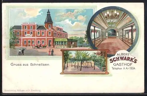 Lithographie Hamburg-Schnelsen, Albert Schwark`s Gasthof, Festsaal, Gartencafé