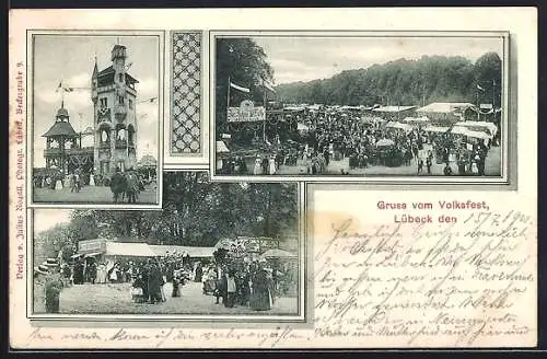 AK Lübeck, Volksfest, Gefüllter Marktplatz, Turm mit Adler