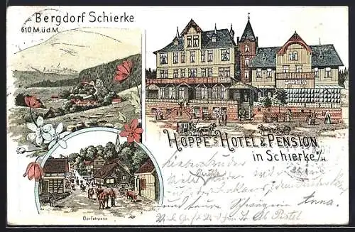 Lithographie Schierke a. H., Hoppe`s Hotel und Pension, Dorfstrasse