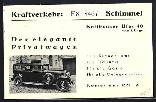 AK Berlin, Auto Horch, Luxus-Limousine Kraftverkehr Schimmel, Autovermietung Kottbusser Ufer 40