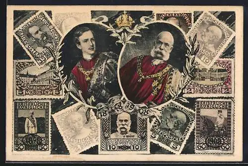 AK Porträts Kaiser Franz Josef I. von Österreich auf österr. Briefmarken