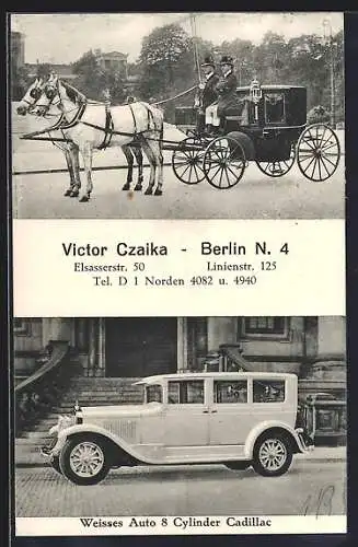 AK Berlin, Victor Czaika Brautautos und Brautkutschen, Elsasserstrasse 50 und Linienstrasse 125, Cadillac Auto