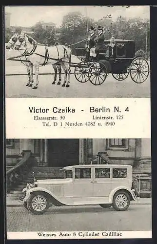 AK Berlin, Victor Czaika Brautautos und Brautkutschen, Elsasserstrasse 50 u. Linienstrasse 125, 8 Cylinder Cadillac Auto