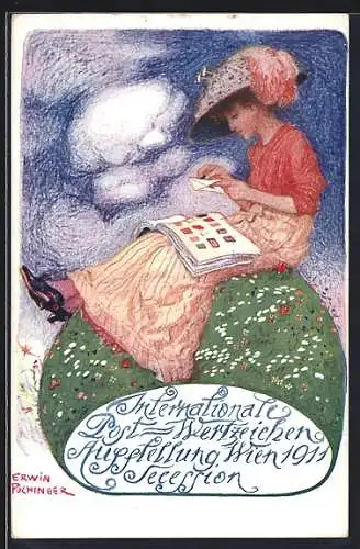 Künstler-AK sign. Erwin Puchinger: Wien, Intern. Postwertzeichen- Ausstellung 1911, Frau mit Briefmarkenalbum