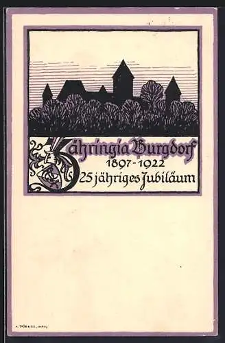 Künstler-AK Burgdorf, Zähringia, 25-jähriges Jubiläum 1922, Studentenwappen