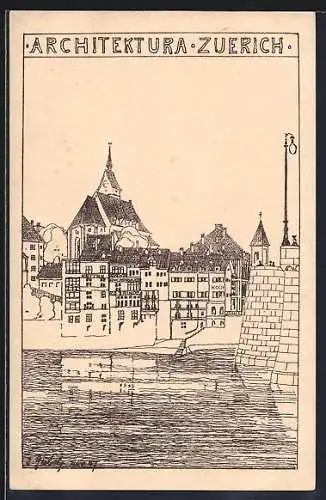 Künstler-AK Zürich, Architektura, Stadtpartie mit Brücke