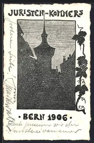 Künstler-AK Bern, Juristen-Kommers 1906, Kirchturm-Silhouette