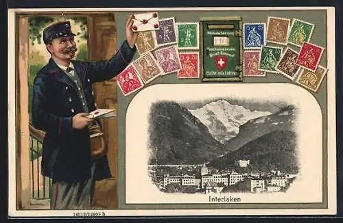 AK Interlaken, Stadtpanorama im Briefmarken-Passepartout mit Postbote und Briefkasten