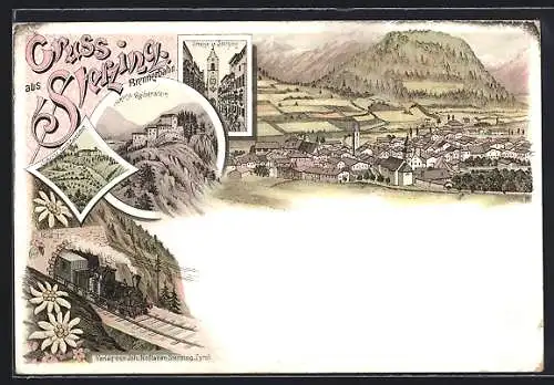 Lithographie Sterzing, Schloss Reibenstein, Eisenbahn im Tunnel, Strasse im Sterzing