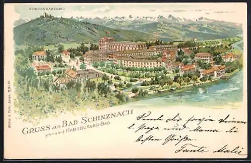 Lithographie Bad Schinznach, Ortsansicht mit Blick auf Schloss Habsburg