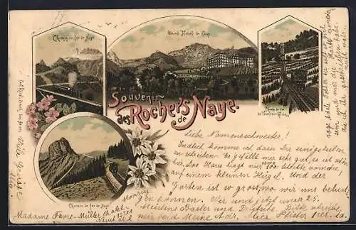 Lithographie Rochers de Naye, Chemin de fer Naye, Grand Hotel du Caux