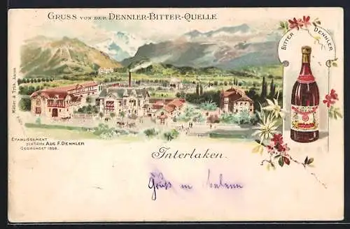 Lithographie Interlaken, Dennler-Bitter-Quelle und Ortsansicht