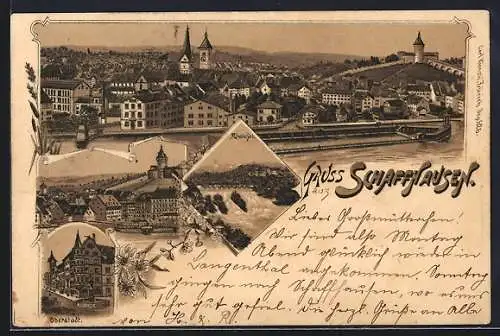 Lithographie Schaffhausen, Rheinfall, Oberstadt und Uferpartie