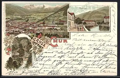 Lithographie Chur, Passugg-Quellen, Plessurquai und Gesamtansicht