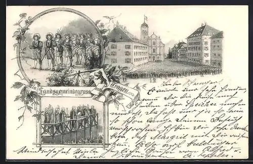 Lithographie Trogen, Versammlund des Ortes und Männer in Rüstung