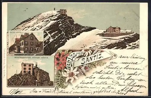 Lithographie Säntis, Metereologische Station und Gasthof Säntis