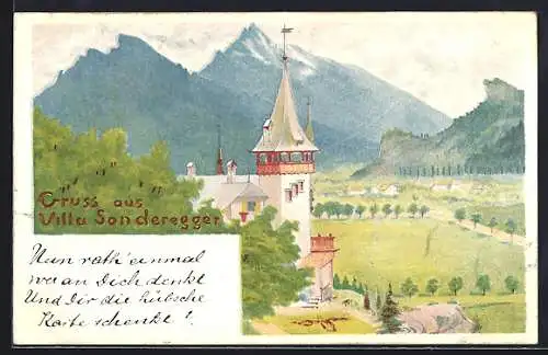 Lithographie Ragaz, Blick auf Villa Sondereggen