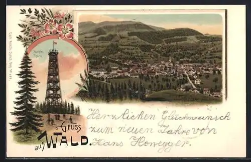 Lithographie Wald, Bachtel-Turm, Gesamtansicht