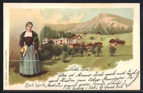 Lithographie Bad Lenk, Panorama mit Gebirge