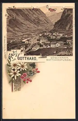 Lithographie Göschenen, Totalansicht mit Gotthardtunnel