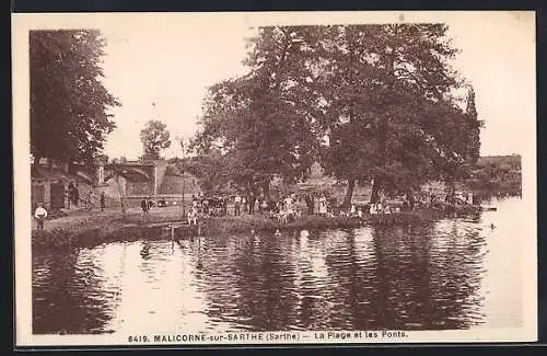 AK Malicorne-sur-Sarthe, La Plage et les Ponts