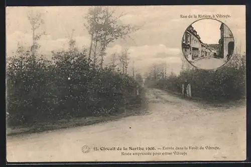 AK Vibraye, Rue de la Rivière et entrée dans la forêt, Circuit de la Sarthe 1906