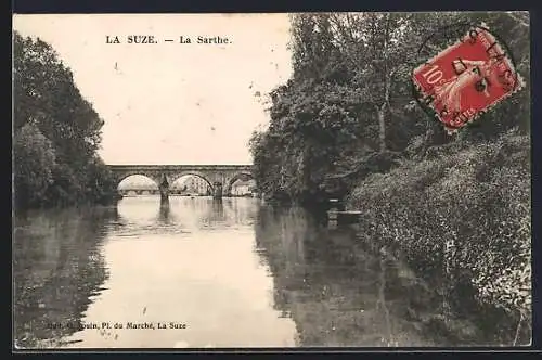 AK La Suze, Vue du pont sur la Sarthe