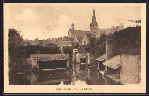 AK Saint-Calais, Vue sur l`Anille et l`église en arrière-plan