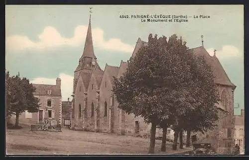 AK Parigné-l`Évêque, La Place, Le Monument et l`Église