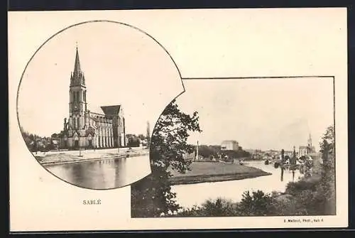 AK Sablé, Vue de l`église et du fleuve avec paysage environnant