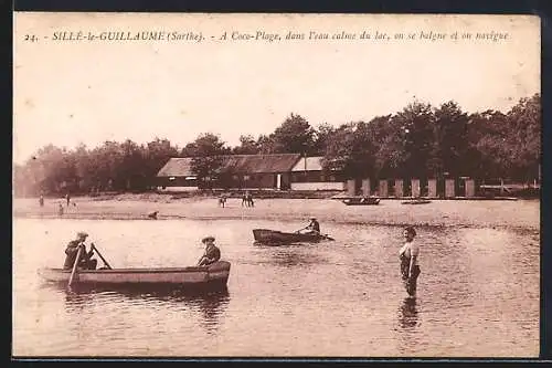 AK Sillé-le-Guillaume, À Coco-Plage, dans l`eau calme du lac, on se baigne et on navigue