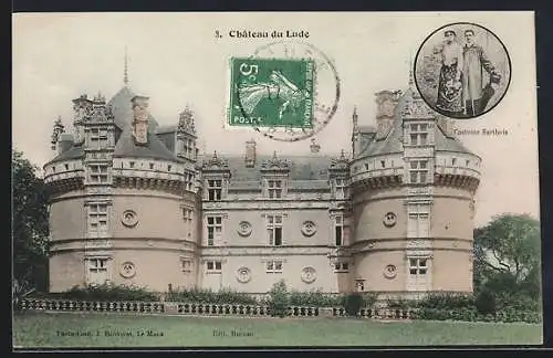 AK Le Lude, Vue du Château du Lude avec médaillon de costumes Sarthois