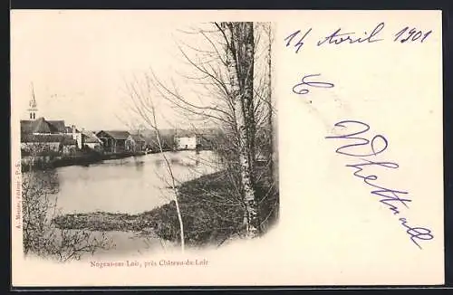 AK Nogent-sur-Loir, Vue sur la rivière et le village près de Château-du-Loir