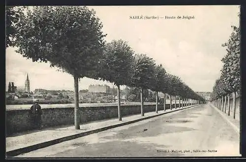 AK Sablé, Route de Juigné bordée d`arbres avec vue sur l`église et le château au loin