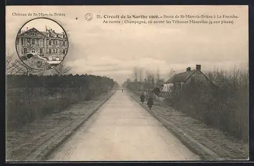 AK Saint-Mars-la-Brière, Route vers La Fourche et Château en médaillon, Circuit de la Sarthe 1906