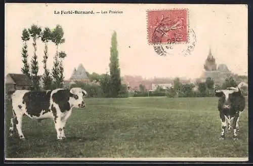 AK La Ferté-Bernard, Les Prairies avec vaches et vue sur le village