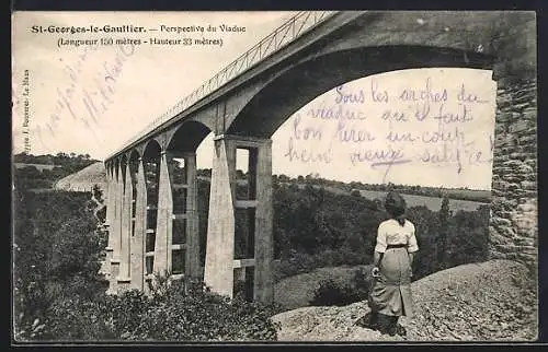 AK St-Georges-le-Gaultier, Perspective du Viaduc (Longueur 150 mètres, Hauteur 33 mètres)