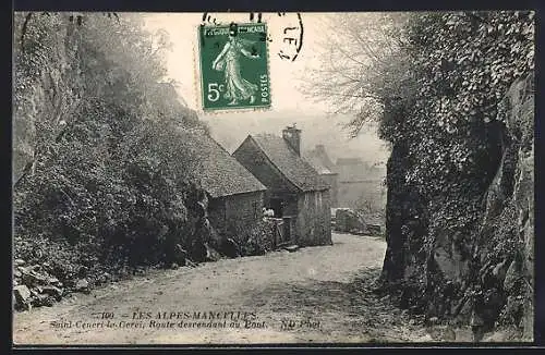 AK Saint-Céneri-le-Gérei, Route descendant au Pont dans les Alpes Mancelles