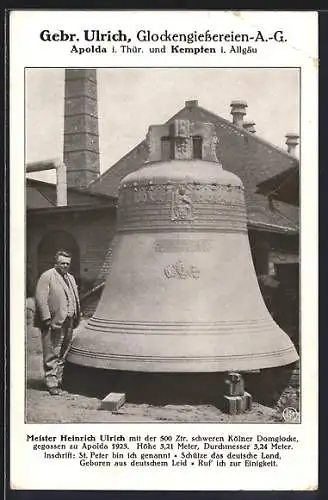 AK Apolda i. Thür., Glockengiesserei Gebr. Ulrich, Meister Heinrich Ulrich neben der Kölner Domglocke